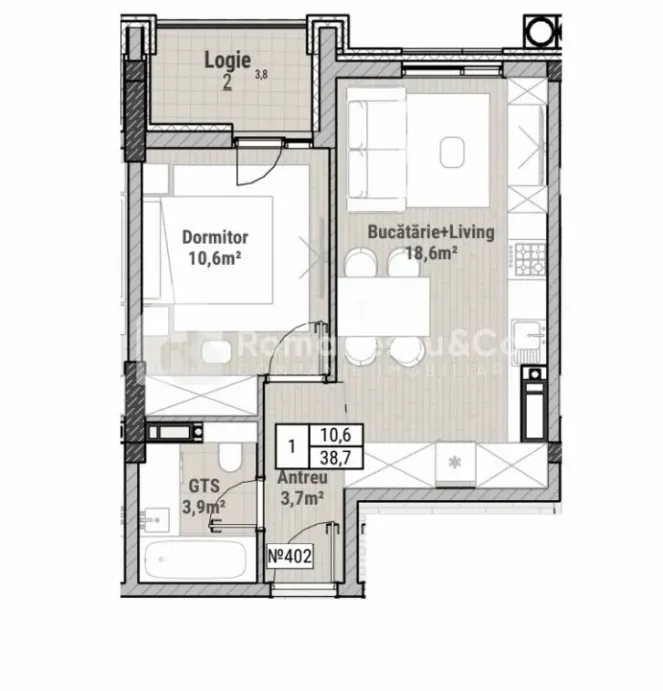 1-bedroom apartment, 38.7 m² — Image 2