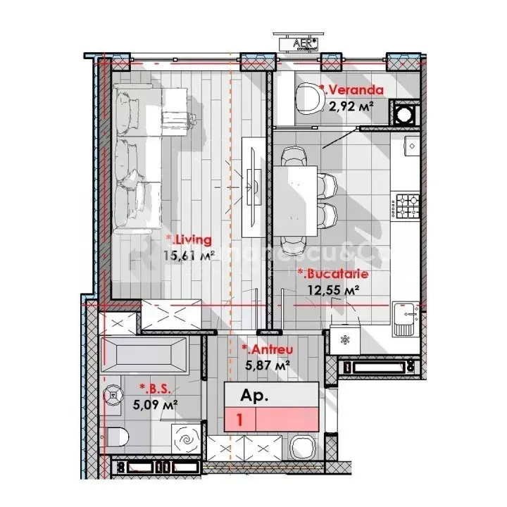 1-camere apartament, 42.32 m² — Imagine 2