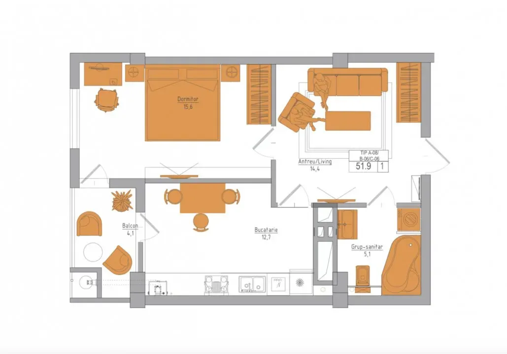 1-bedroom apartment, 52 m² — Image 3