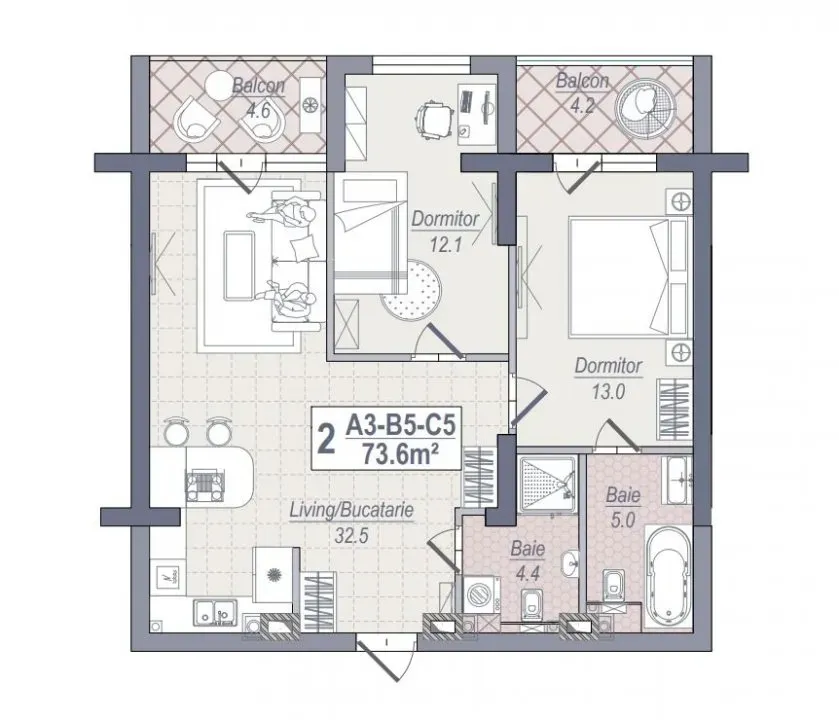 2-bedroom apartment, 73.6 m² — Image 3