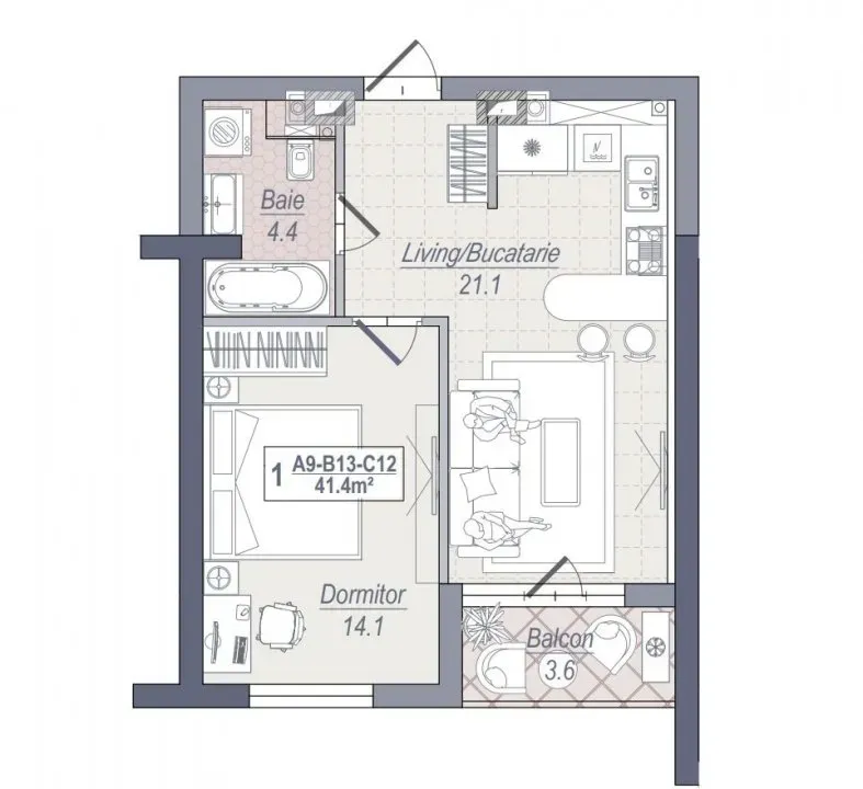 1-bedroom apartment, 48.6 m² — Image 3