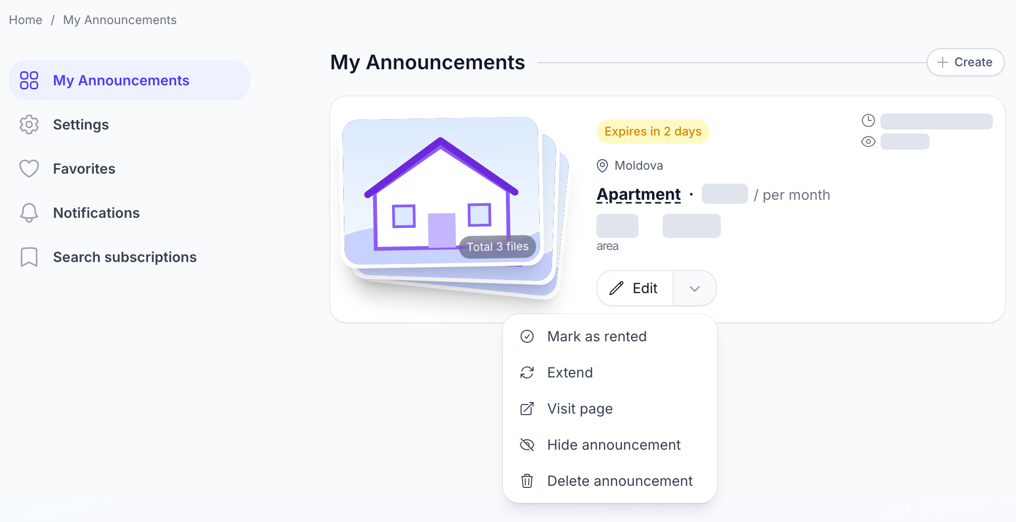 Listing card and actions menu in My Announcements