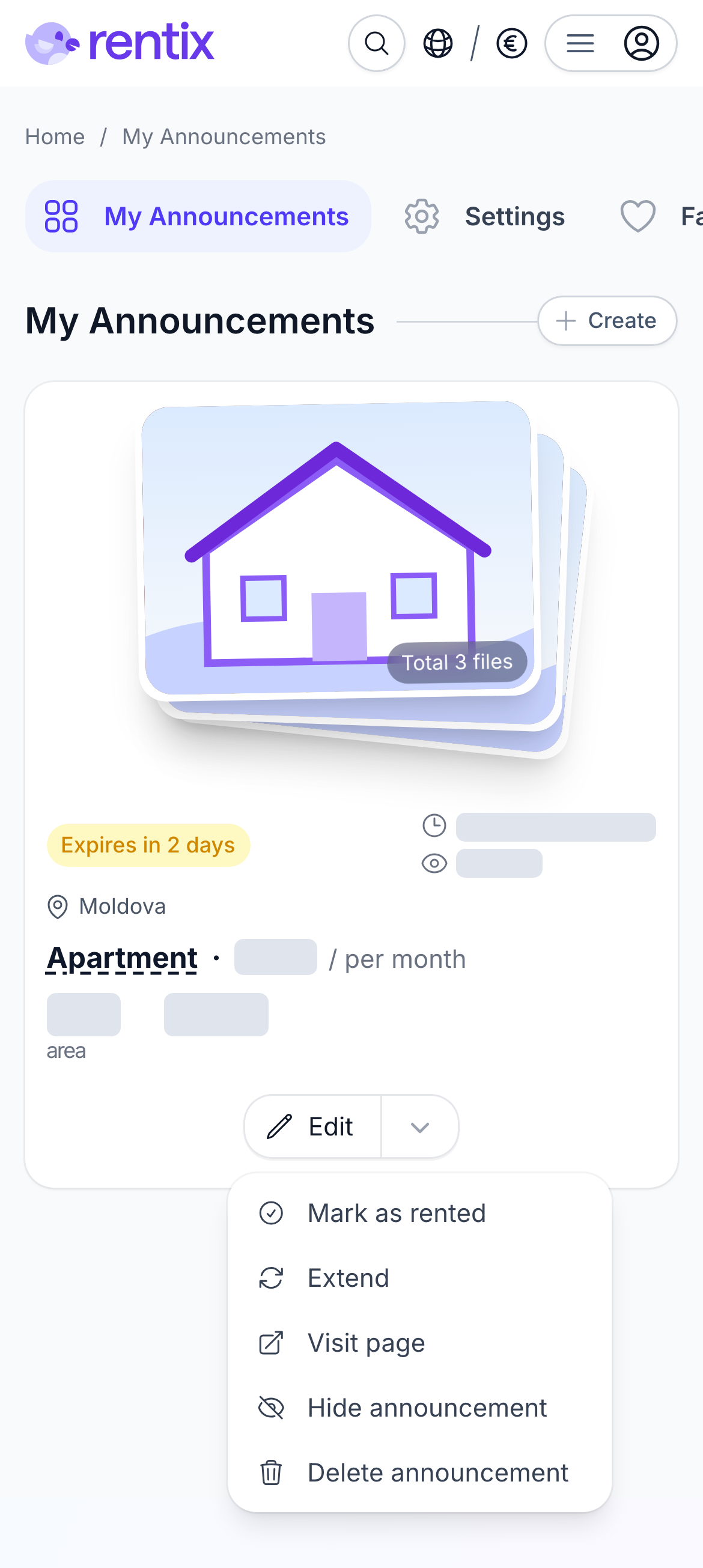 Listing card and actions menu on a phone