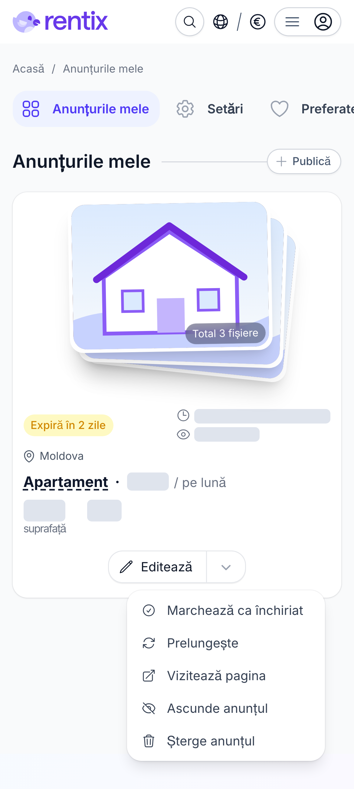 Cardul anunțului și meniul de opțiuni pe telefon