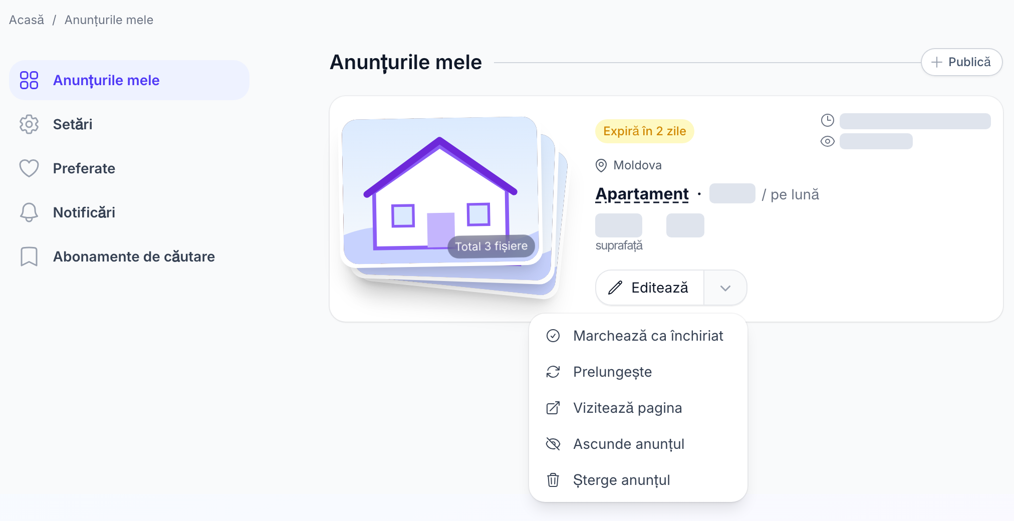 Cardul anunțului și meniul de opțiuni din „Anunțurile mele”