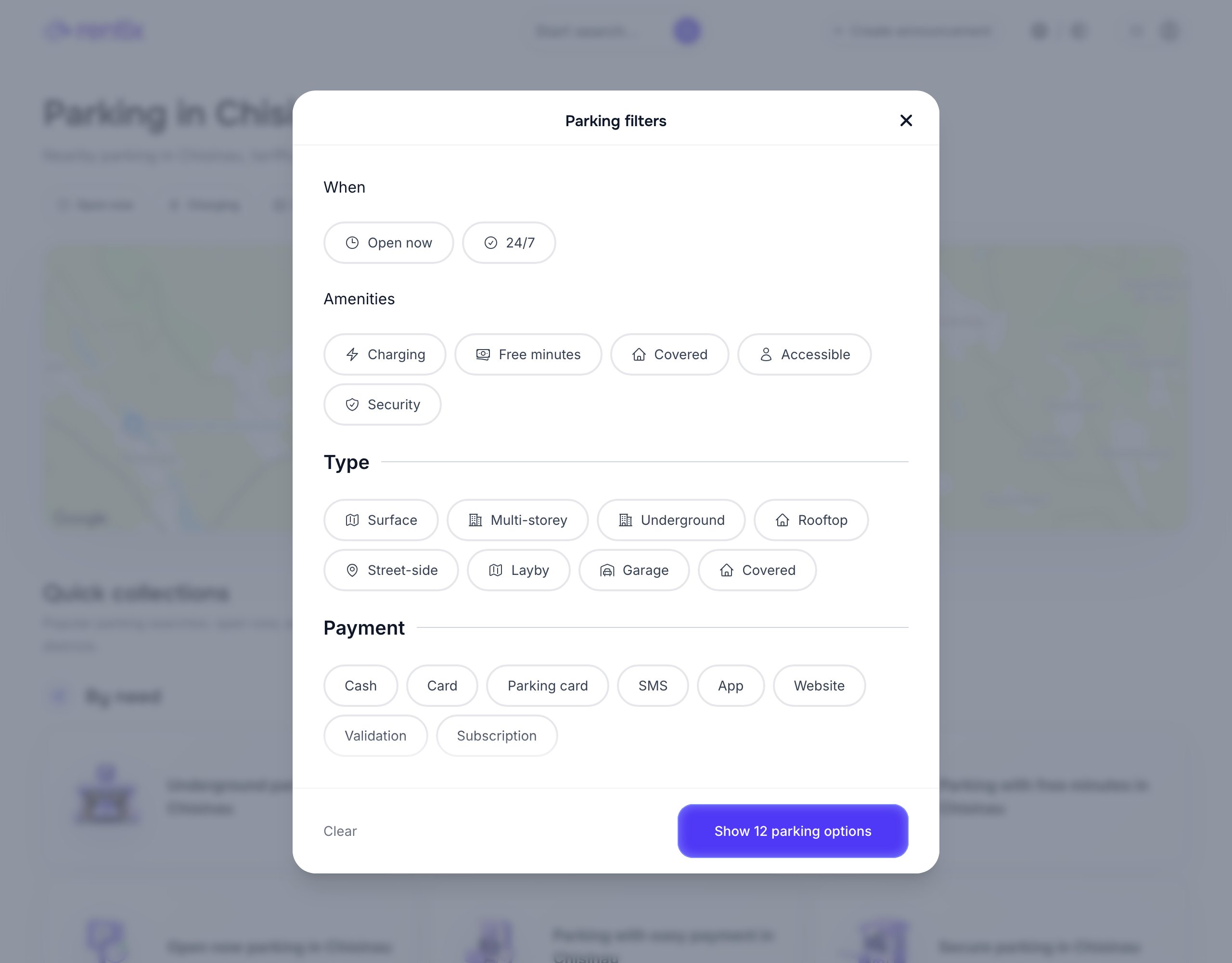 Parking filters for hours, amenities, type, and payment