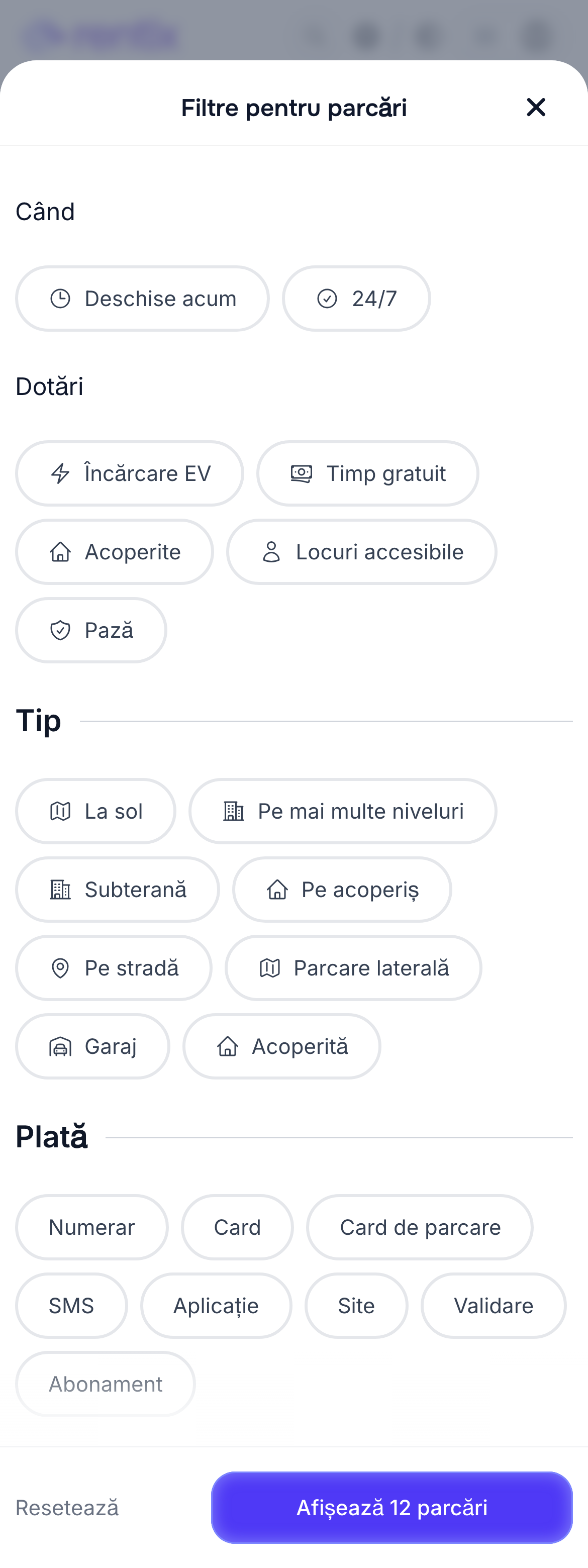 Filtrele parcărilor pe telefon