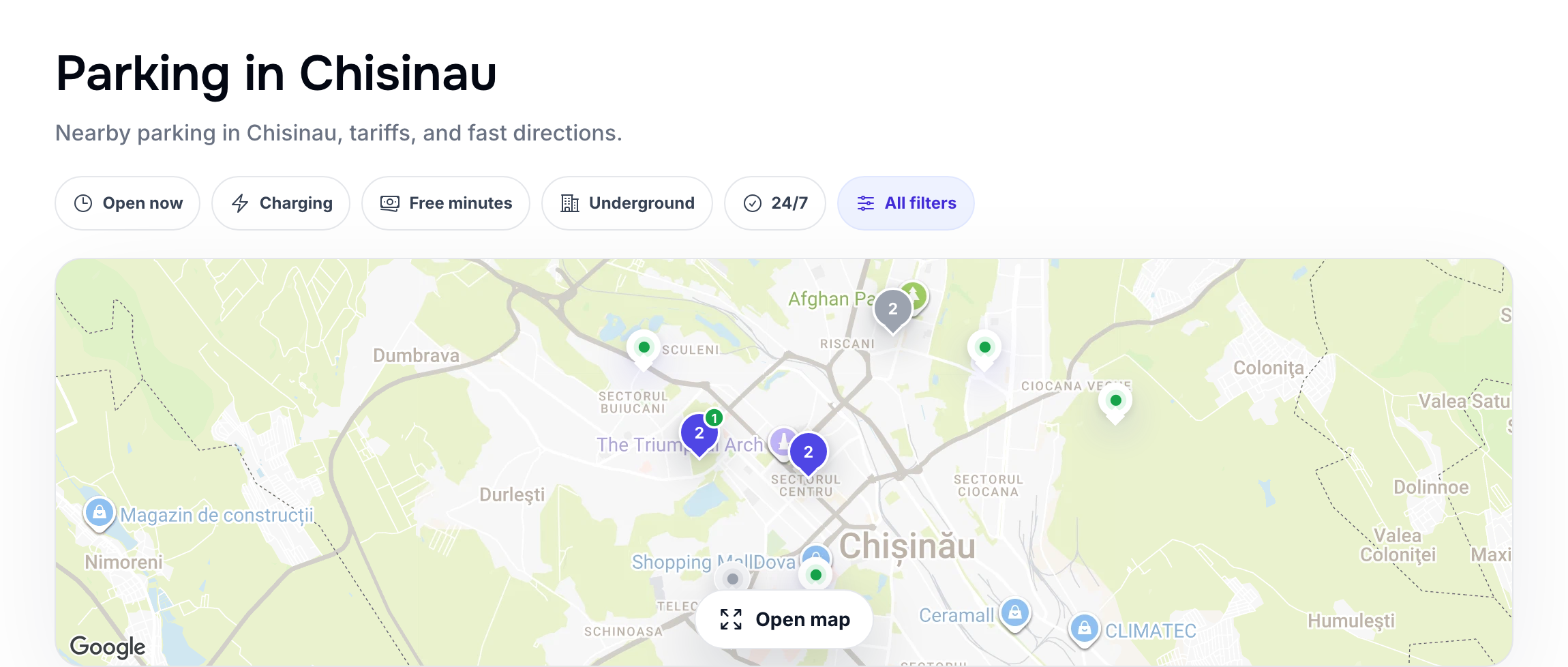 Chisinau parking map with quick filters