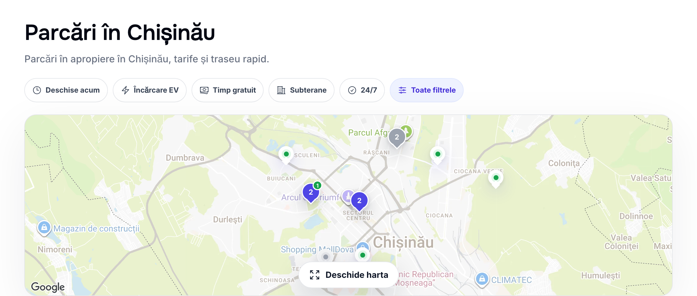 Harta parcărilor din Chișinău și filtrele rapide