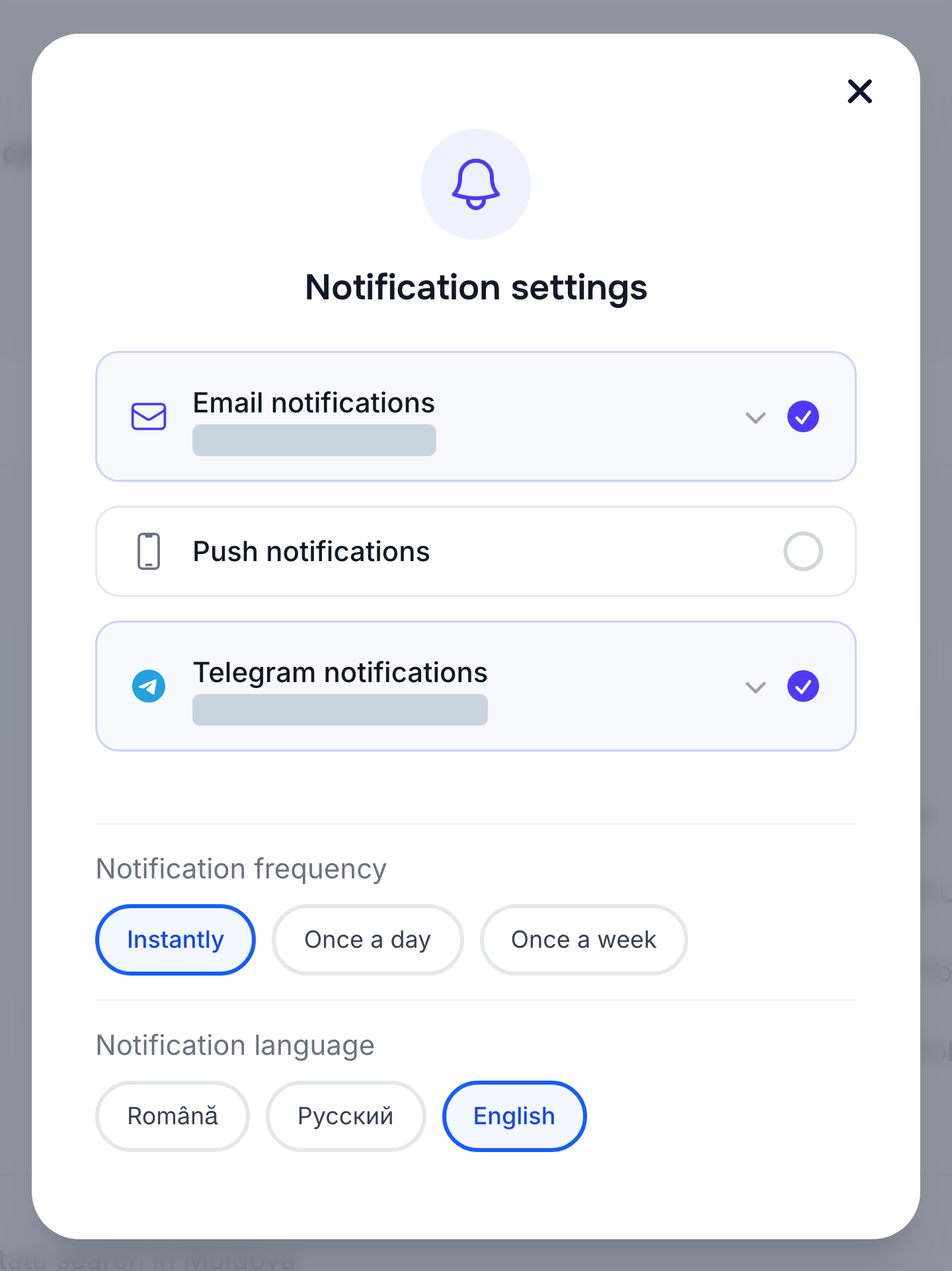 Notification channels, language and frequency settings