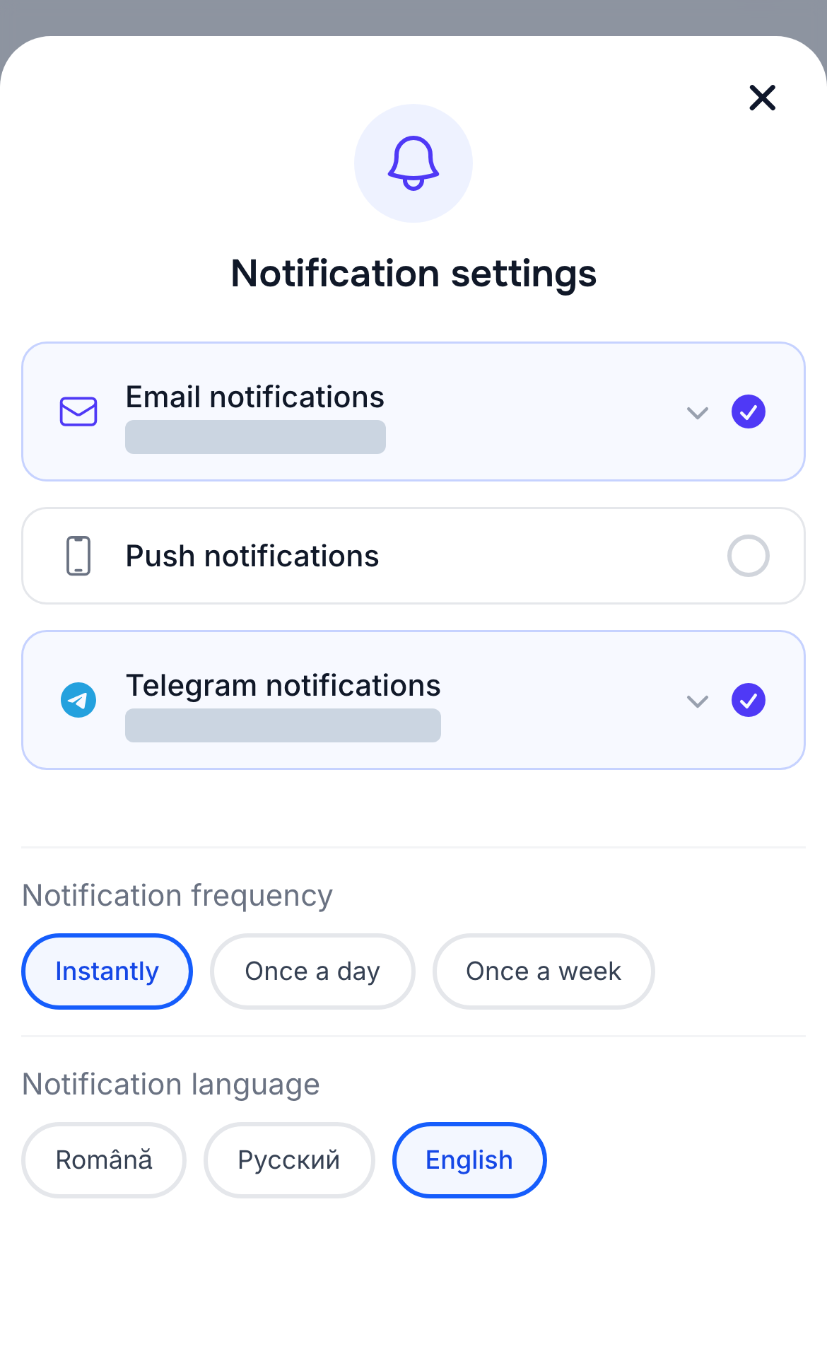Notification settings and three frequency choices on a phone