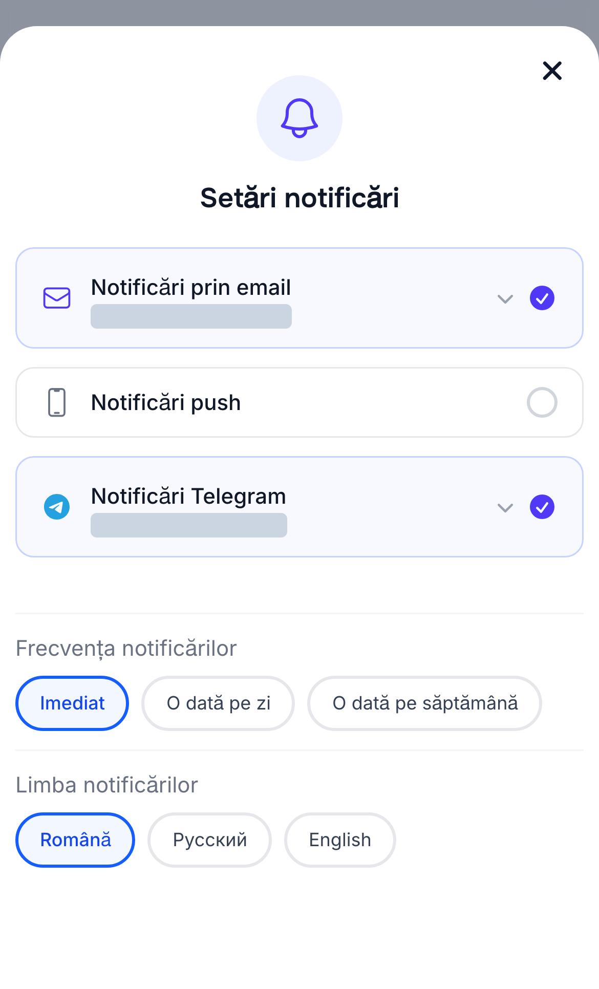 Setări de notificare și trei opțiuni de frecvență pe telefon