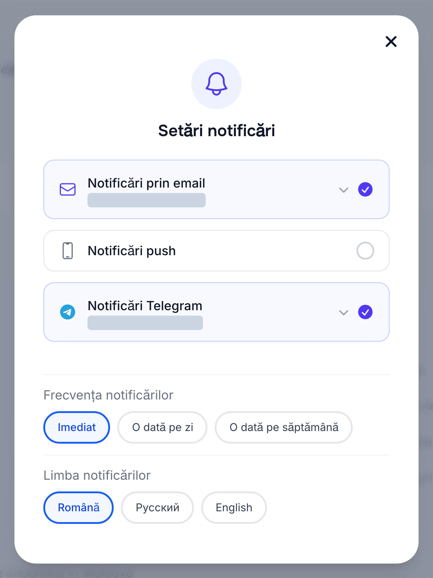 Setări pentru canalele, limba și frecvența notificărilor