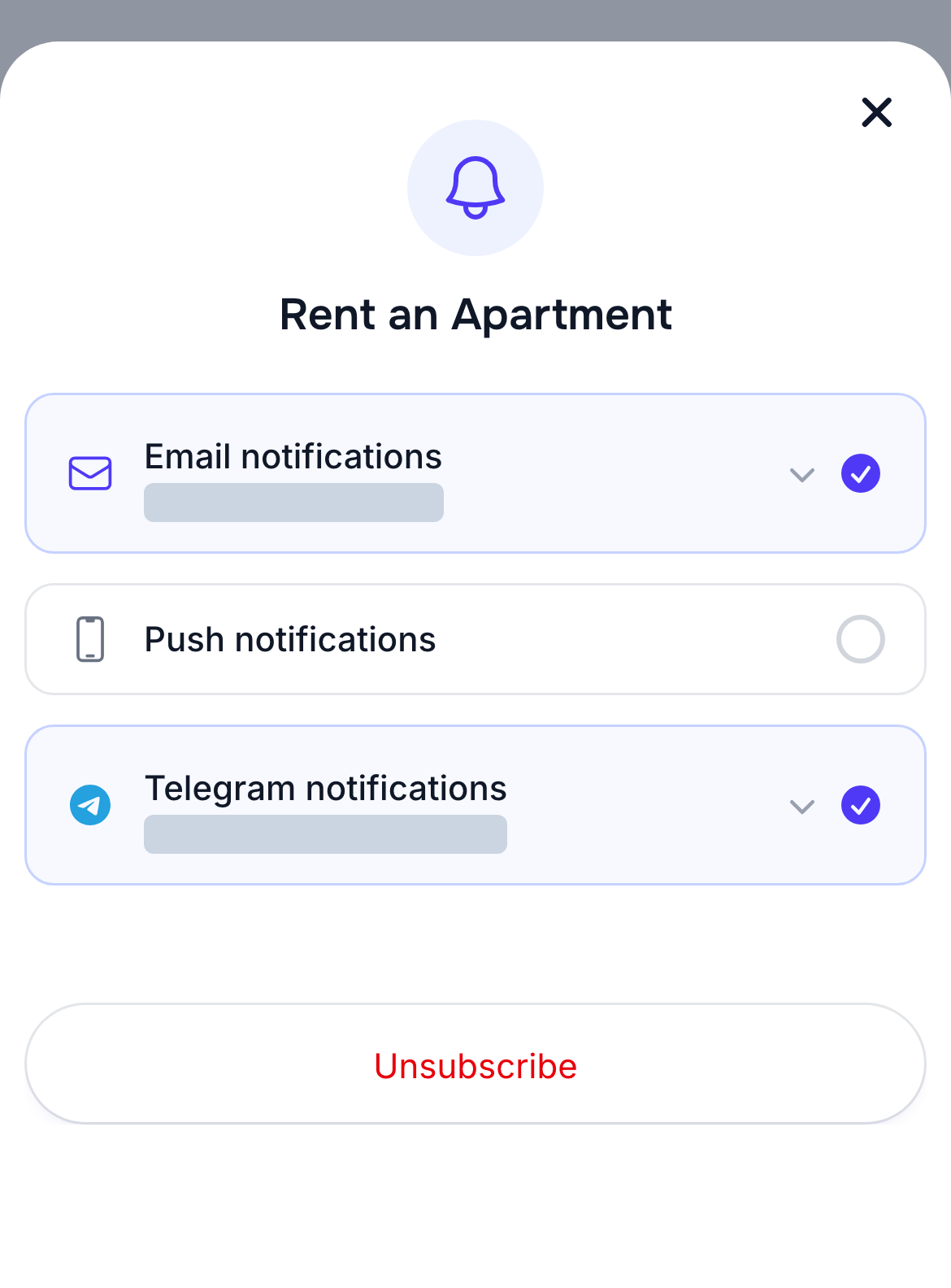 Telegram enabled for a saved Rentix search on a phone