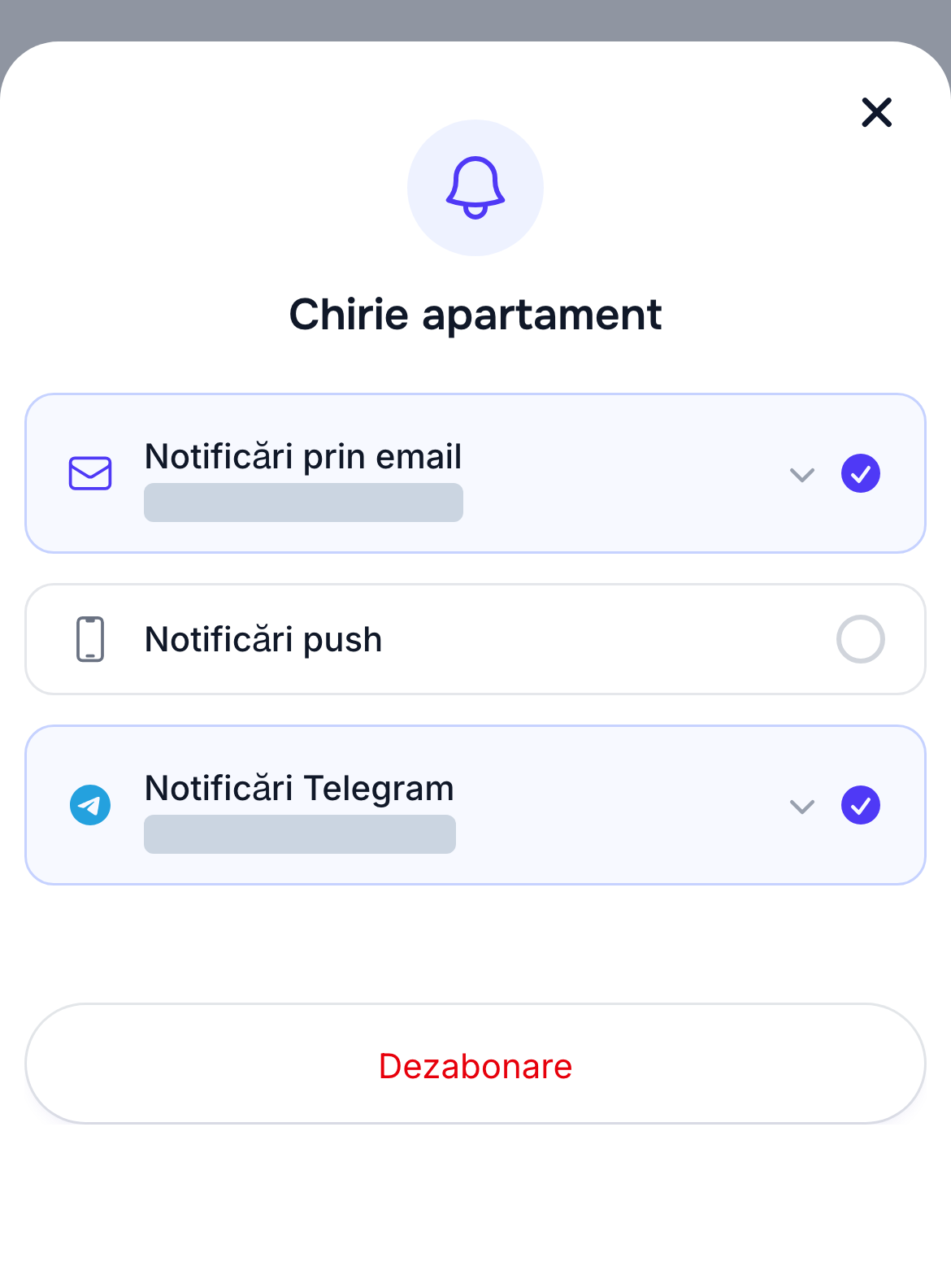 Telegram activat pentru o căutare Rentix pe telefon