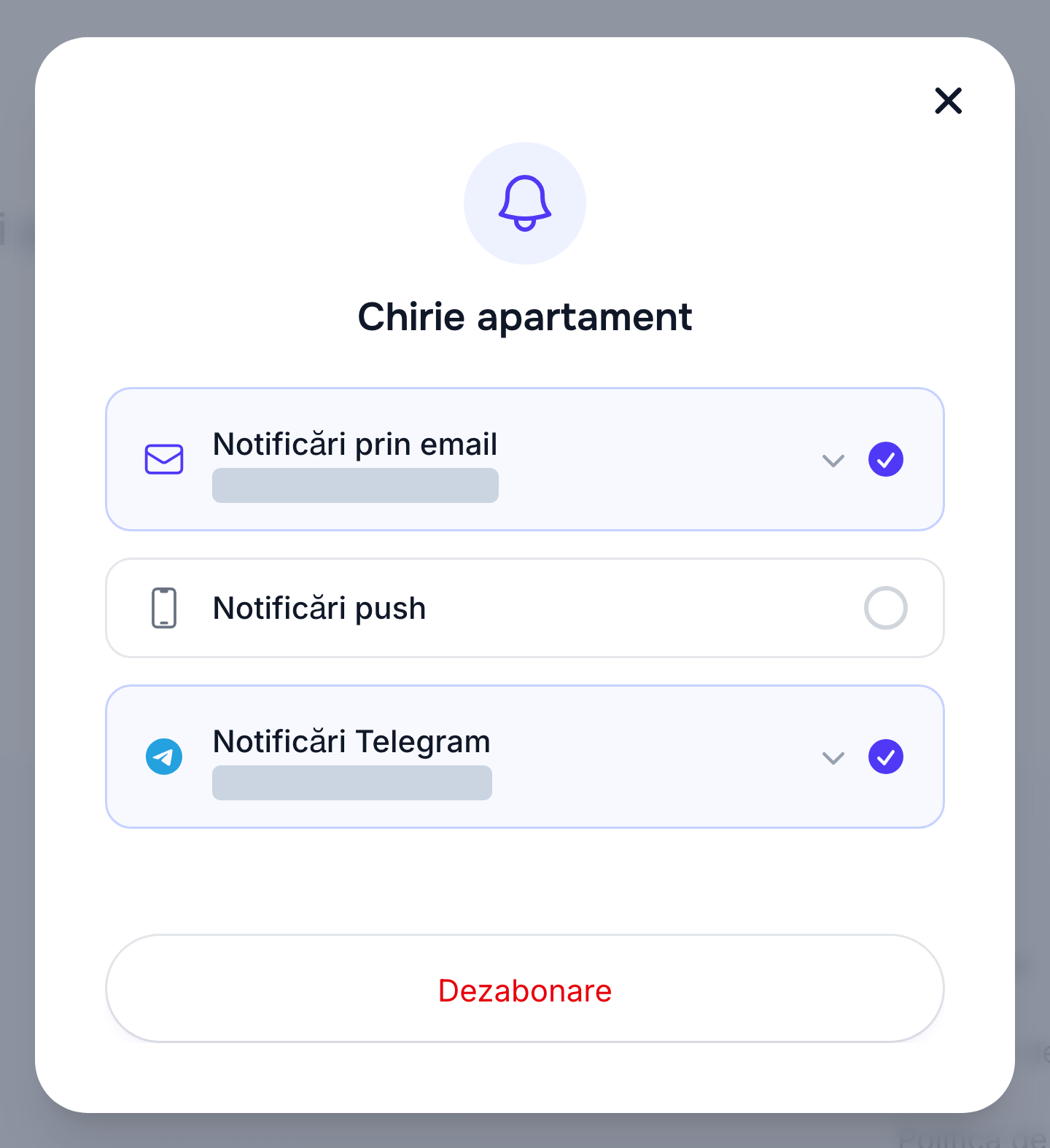 Telegram activat pentru o căutare salvată pe Rentix
