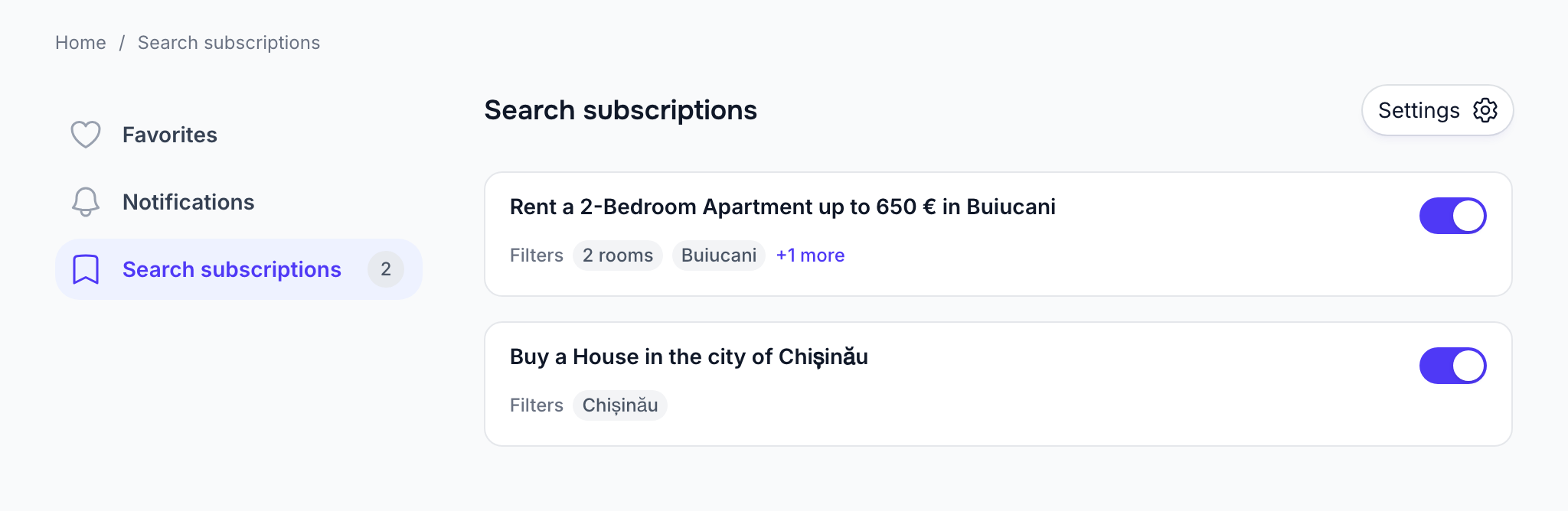 Search subscriptions and notification settings button
