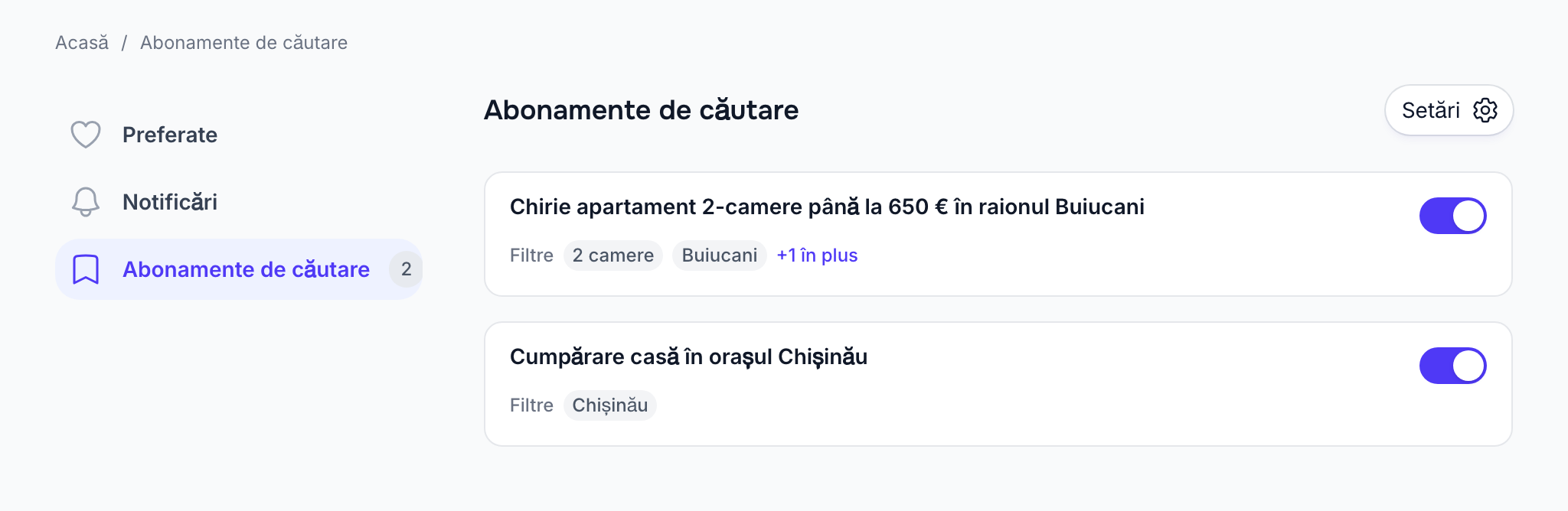 Lista abonamentelor de căutare și butonul pentru setările notificărilor