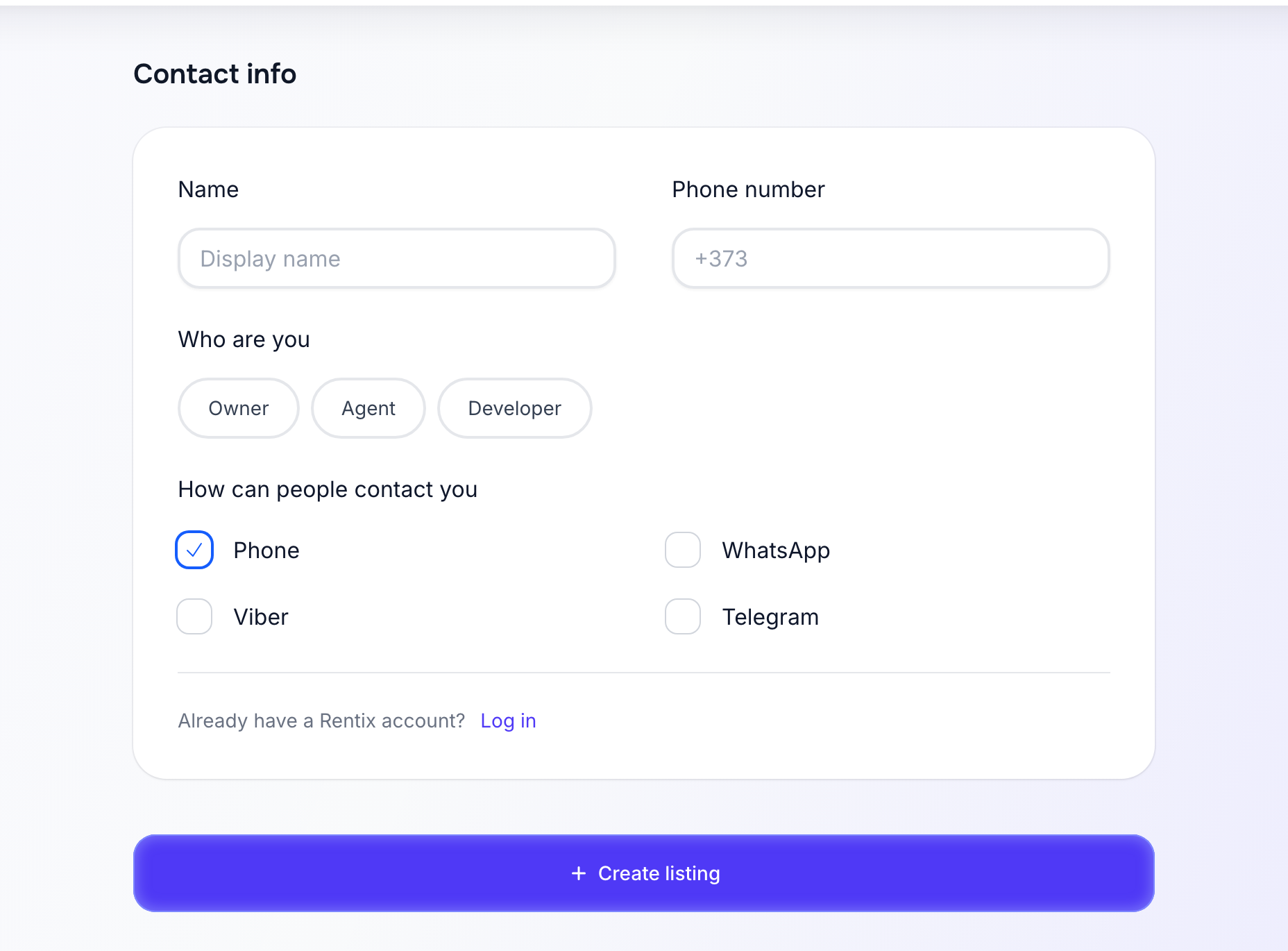 Contact details while creating a listing