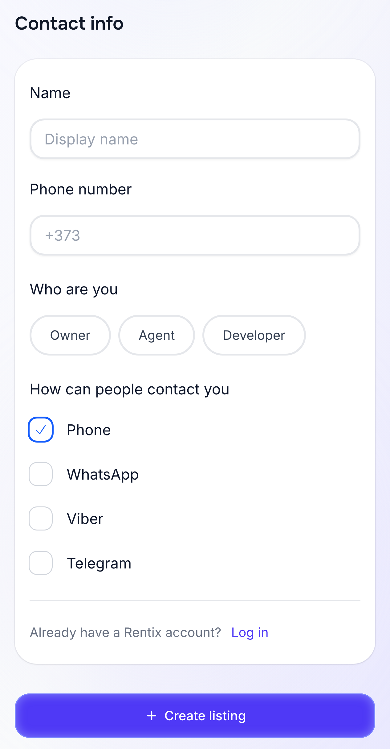 Contact details while creating a listing