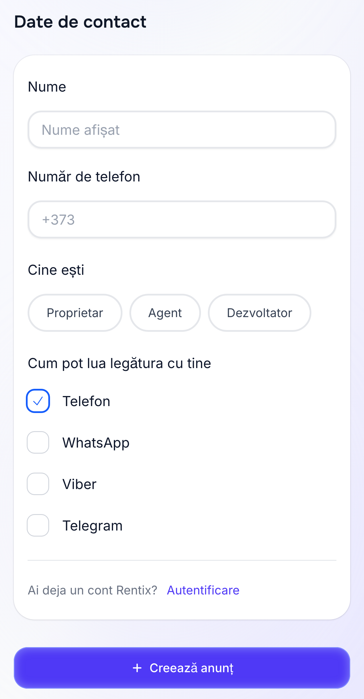 Datele de contact la crearea anunțului