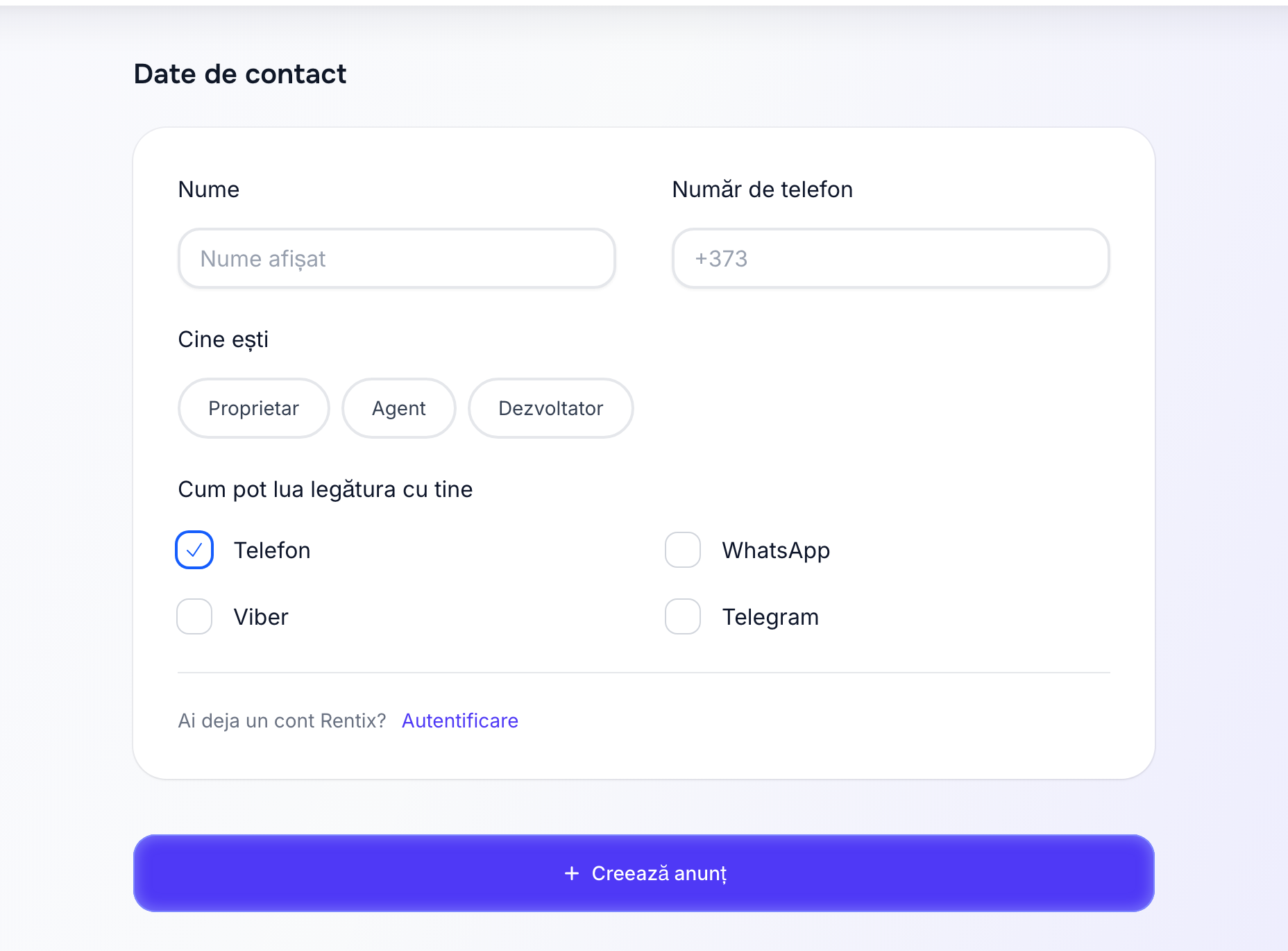 Datele de contact la crearea anunțului