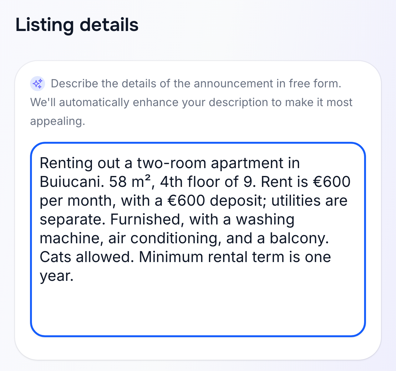 Describing a property in your own words while creating a listing
