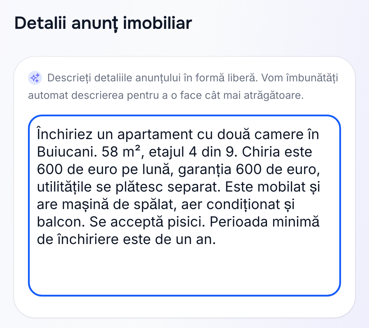 Descrierea imobilului în propriile cuvinte la crearea anunțului