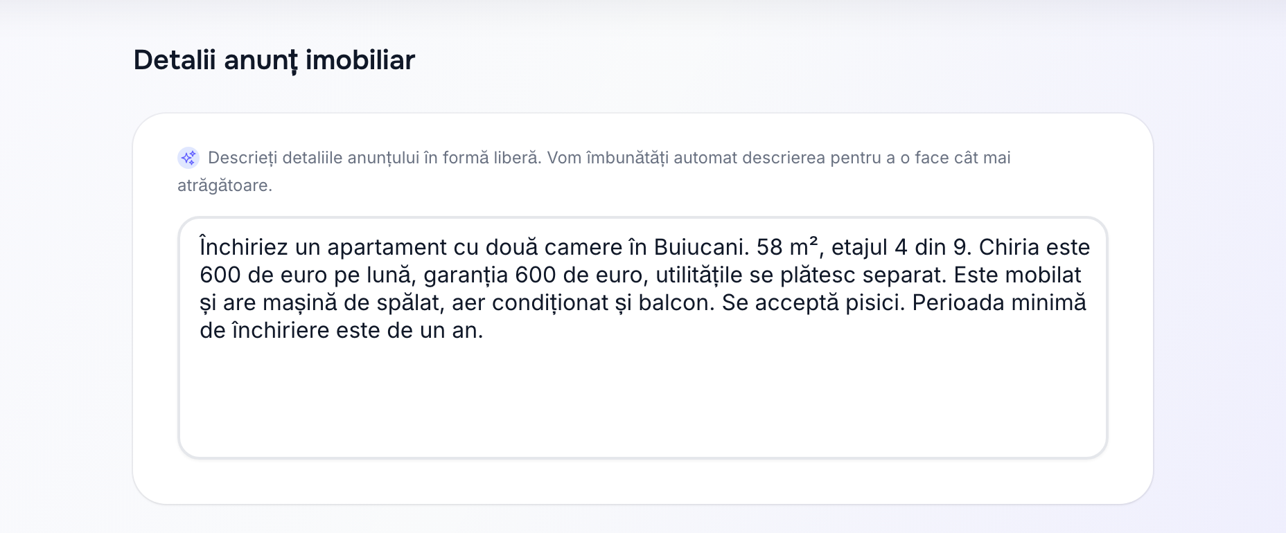 Descrierea imobilului în propriile cuvinte la crearea anunțului