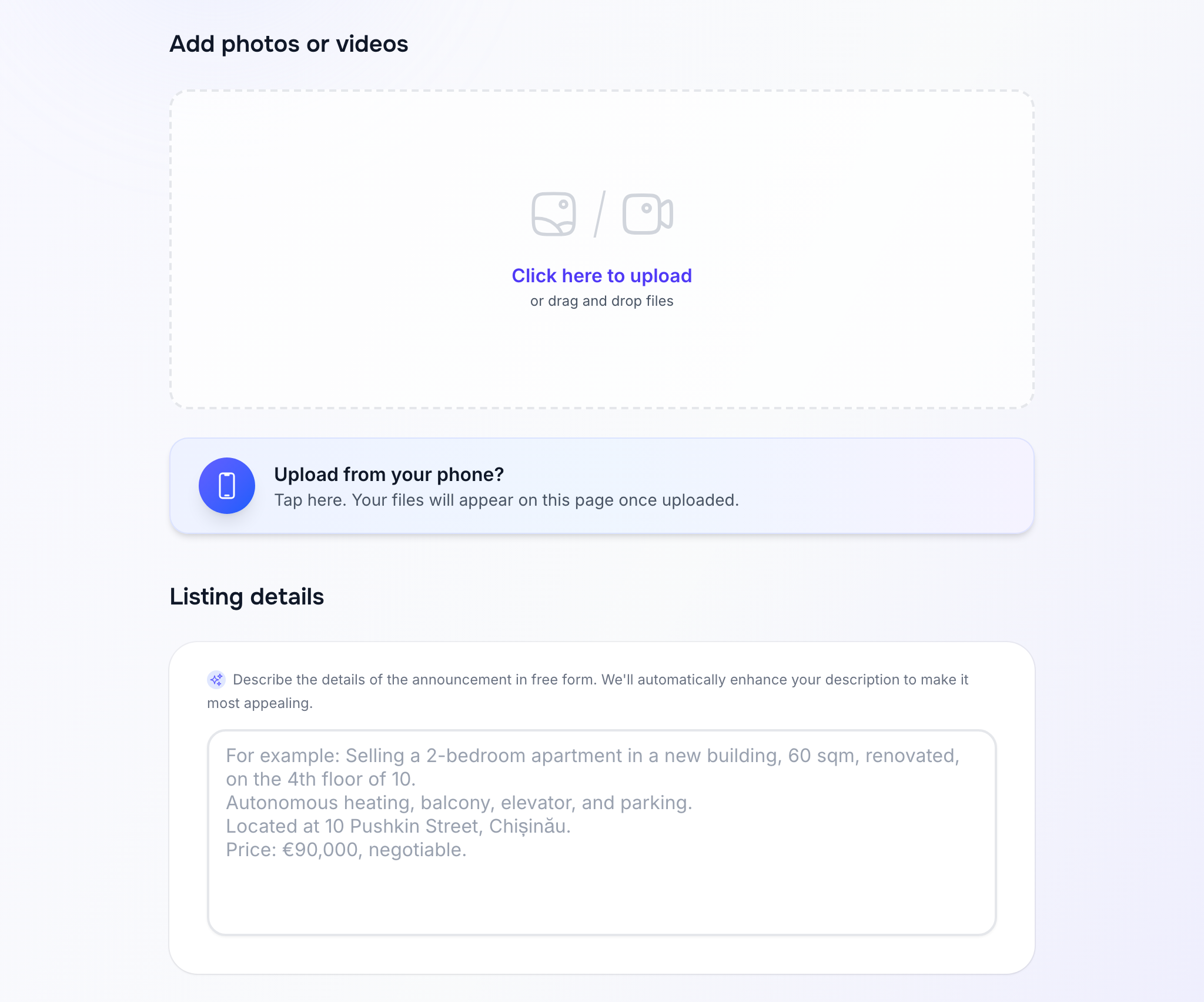 Photo upload and description field in the listing form