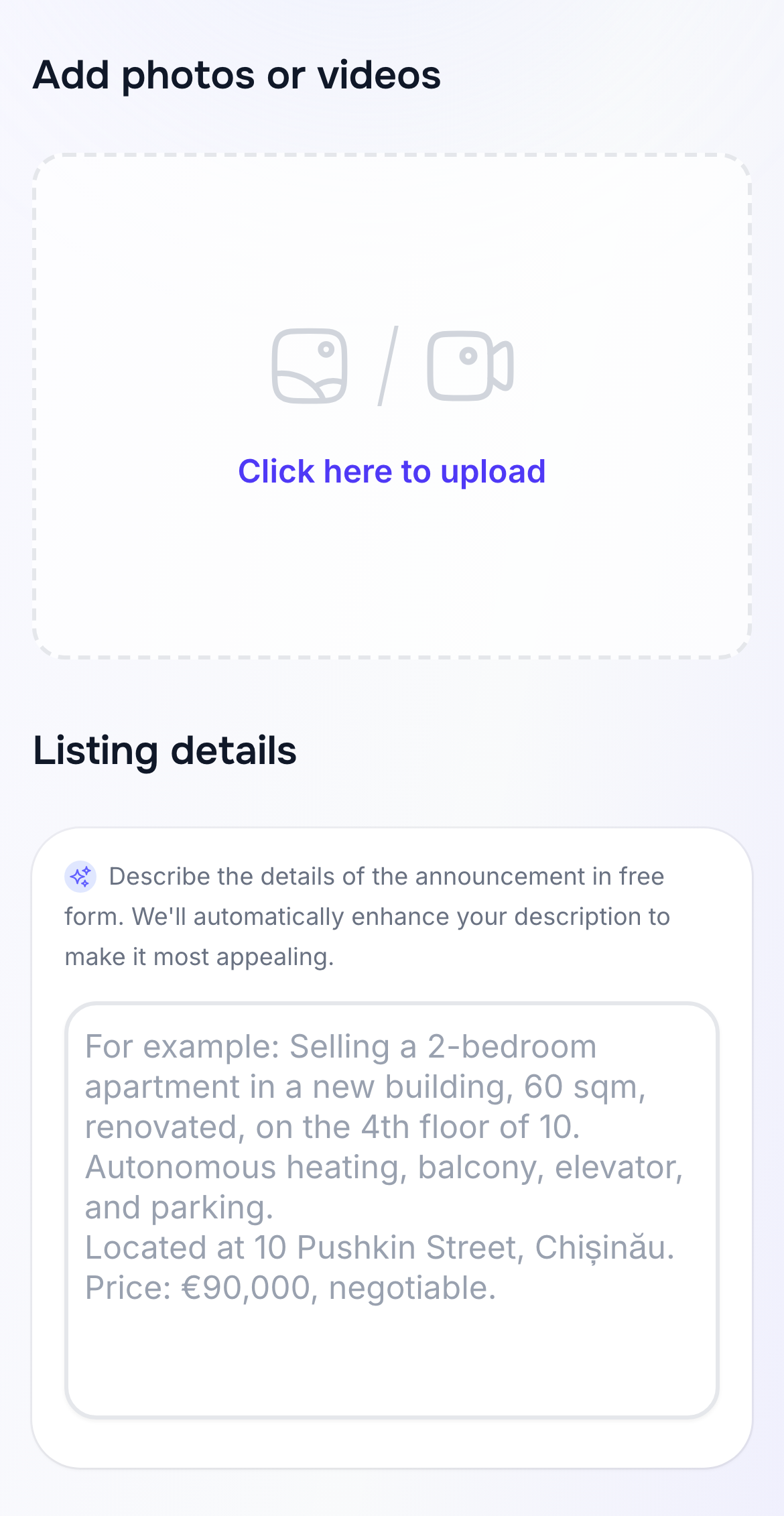 Photo upload and description field on a phone