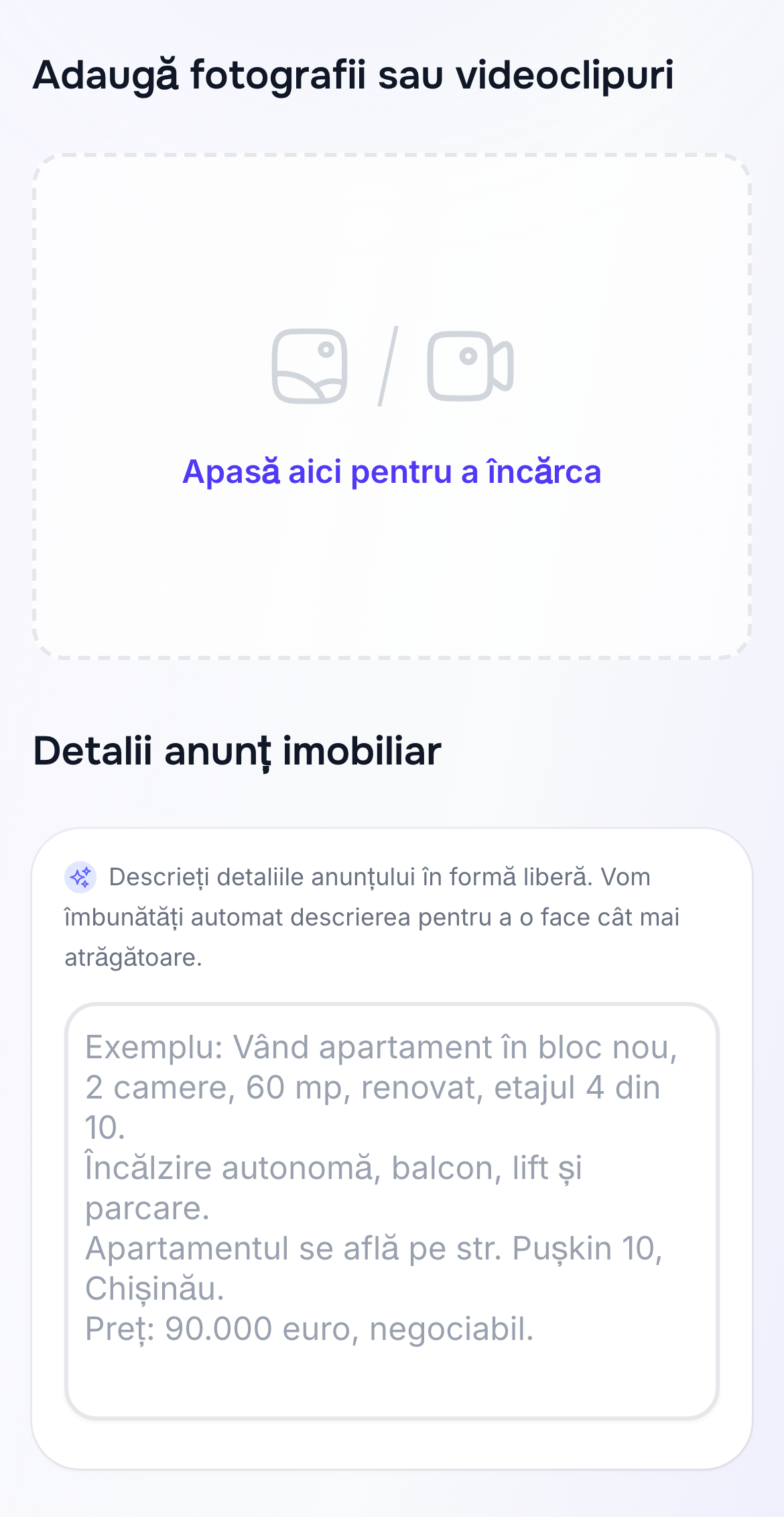 Încărcarea fotografiilor și descrierea anunțului pe telefon