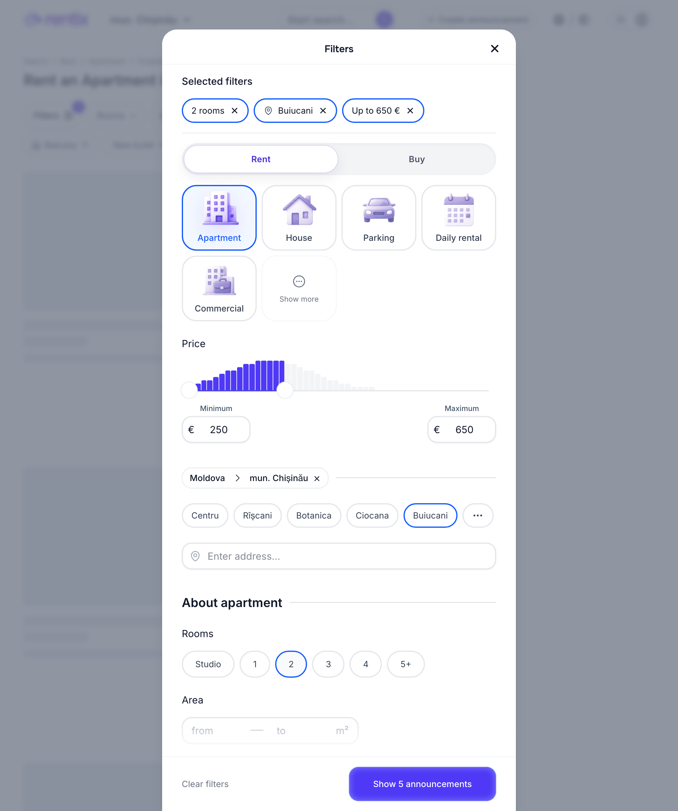 Property search filter menu