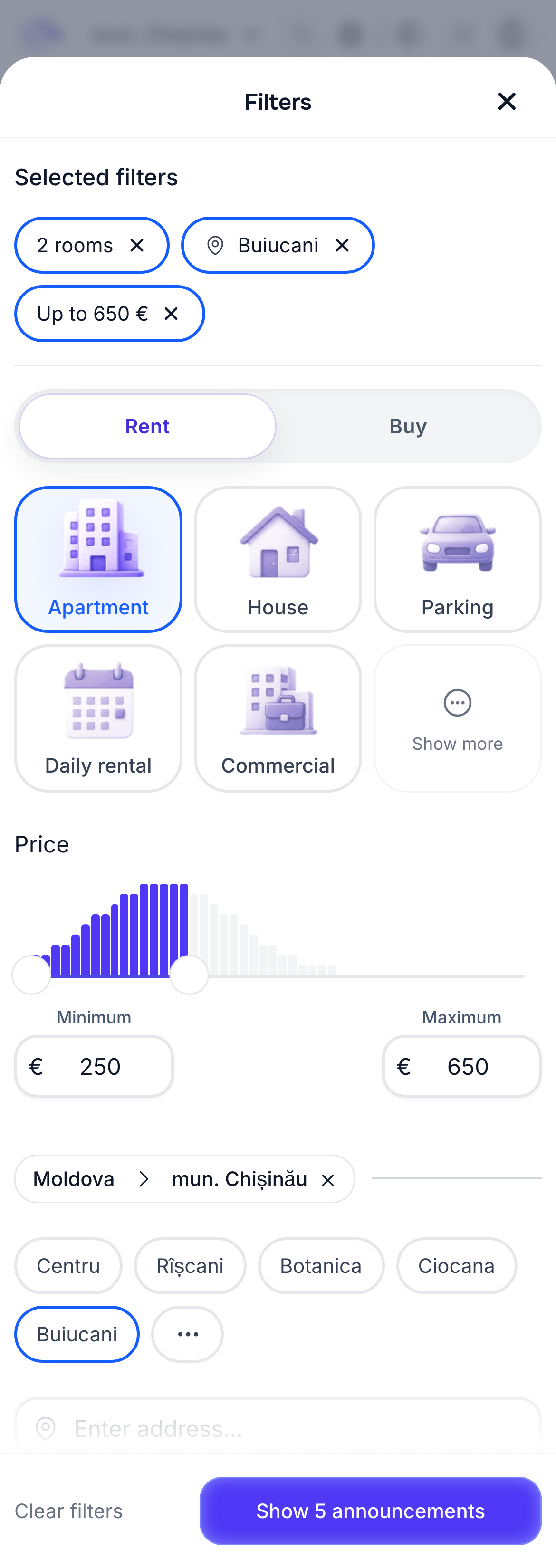 Property search filter menu