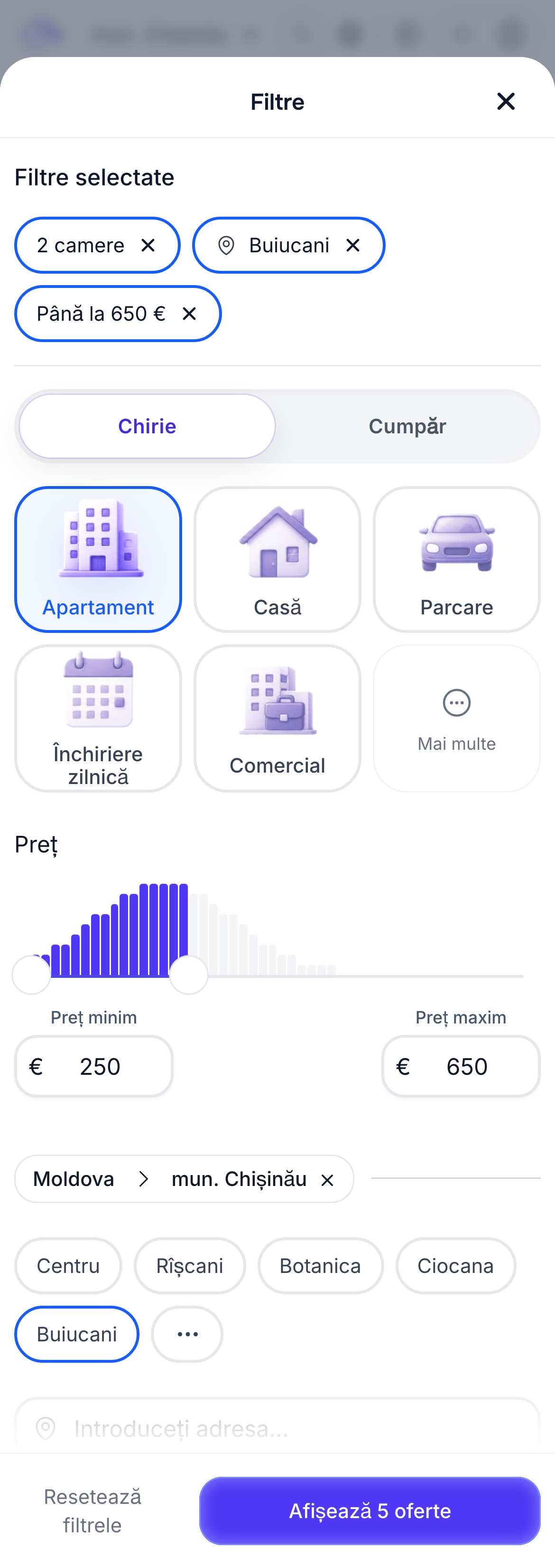 Meniul filtrelor pentru căutarea imobilelor